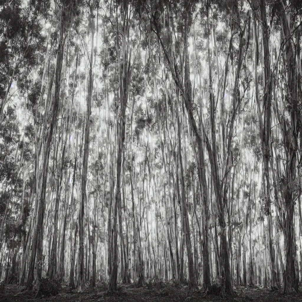 Image similar to 1 0 seconds long exposure photograph of eucalyptus trees, strong wind, back light, sony ar 7 ii, photographed by julie blackmon