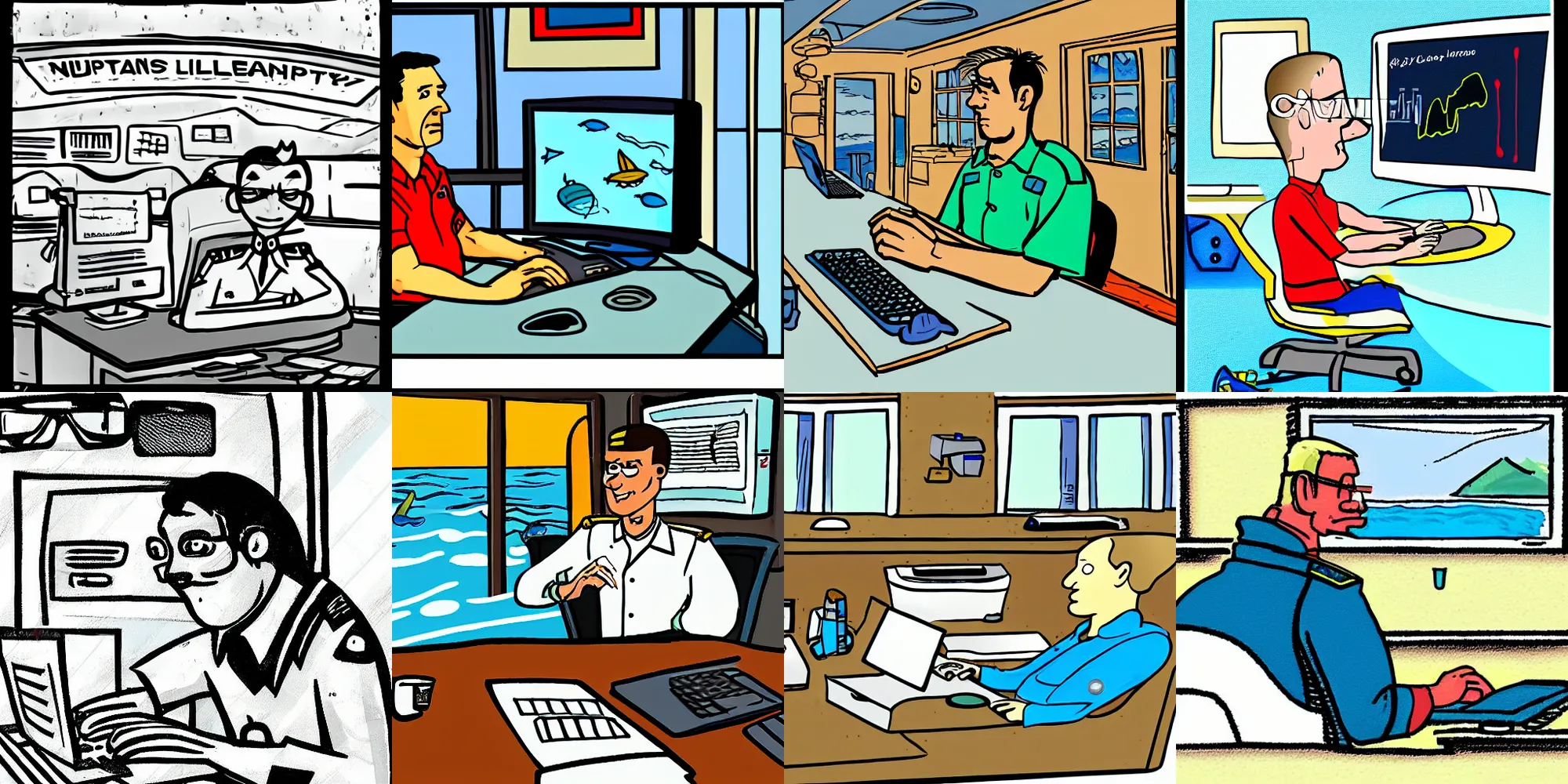 Prompt: captain hank murphy sitting at a computer in sea lab, original cartoon style