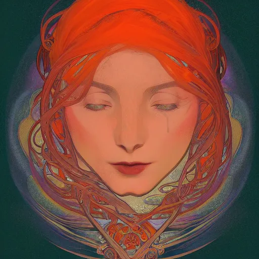 Image similar to artwork of a magical woman, intricated, ghost, gradient orange and red, cloudy, by alphonse mucha , perfect head shape, artstation, deviantart, 4k, unreal engine, smooth