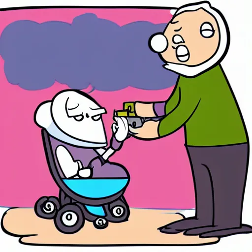 Image similar to cute cartoon character, curled perspective, digital art, beard grandpa taking a photo to a baby girl