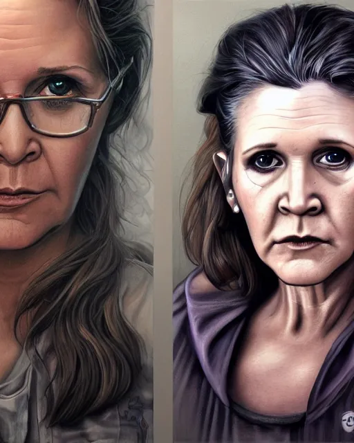 Image similar to portrait of carrie fisher, gritty, dark, very detailed eyes, hyperrealistic, very detailed painting by Glenn Fabry, by Joao Ruas, by Artgerm