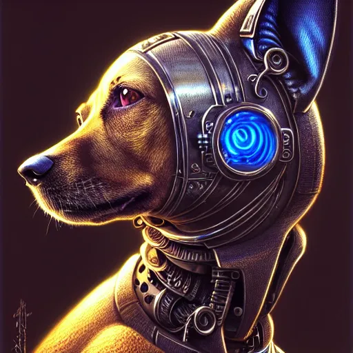 Image similar to low angle portrait shot of a cyberpunk dog robot, intricate, elegant, highly detailed, centered, digital painting, artstation, concept art, smooth, sharp focus, illustration, artgerm, Tomasz Alen Kopera, Peter Mohrbacher, donato giancola, Joseph Christian Leyendecker, WLOP, Boris Vallejo