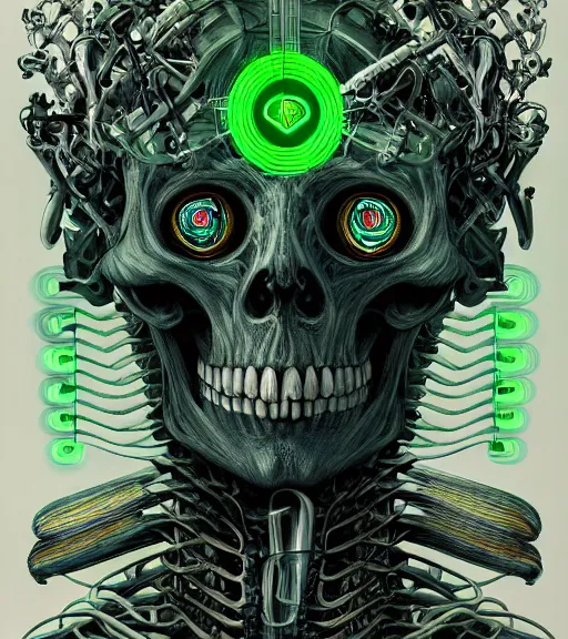 Prompt: portrait of a cyber skeleton with green runes by dariusz zawadzki, kenneth blom, mental alchemy, james jean, pablo amaringo, naudline pierre, contemporary art, hyper detailed