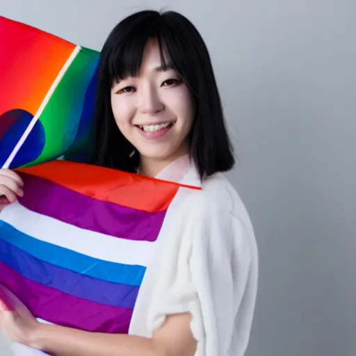 Prompt: japanese woman holding a bisexual pride flag and smiling