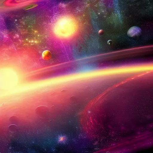 Image similar to an ultradetailed colorful illusturation of a solar system in space by makato shinkai, anime wallpaper 4 k