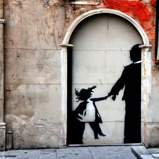 Image similar to A photograph of a Banksy painting in Venice