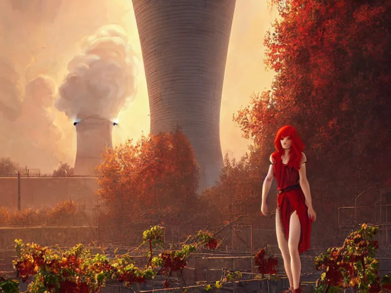 Image similar to red hair girl, chernobyl powerplant!!!, rubble, ruins!!, flowers, vines, hyperrealistic, highly detailed, cinematic, single ray of golden sunlight, beautiful, cgssociety, artstation, 8 k, oil painting by greg rutkowski, by artgerm, by wlop