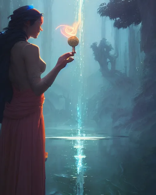 Image similar to mage casting a water spell, highly detailed vfx portrait, unreal engine, greg rutkowski, loish, rhads, beeple, makoto shinkai and lois van baarle, ilya kuvshinov, rossdraws, tom bagshaw, alphonse mucha, global illumination, detailed and intricate environment