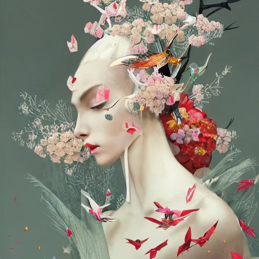 Image similar to 3 / 4 view of a beautiful girl wearing an origami dress, eye - level medium shot, fine floral ornaments in cloth and hair, hummingbirds, elegant, by eiko ishioka, givenchy, tsuguharu foujita, by peter mohrbacher, centered, fresh colors, origami, fashion, detailed illustration, vogue, japanese, reallusion character creator