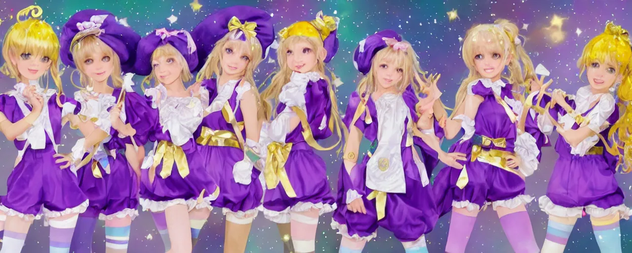 Prompt: A character sheet of full body cute magical girls with short blond hair wearing an oversized purple Beret, Purple overall shorts, Short Puffy pants made of silk, pointy jester shoes, a big billowy scarf, Golden Ribbon, and white leggings. Covered in stars. Short Hair. Decora Rainbow accessories all over. Gold Ribbon. Flowing fabric. Ruffles and lace. harajuku street fashion. Haute Couture. Baby the stars shine bright dress. Intricate, elegant, Highly Detailed. Smooth, Illustration Photo real. realistic. Hyper Realistic. Sunlit. Moonlight. Dreamlike. Surrounded by clouds. 4K. UHD. Denoise. Art by william-adolphe bouguereau and Paul Delaroche and Alexandre Cabanel and Lawrence Alma-Tadema and WLOP and Artgerm. baroque painting.