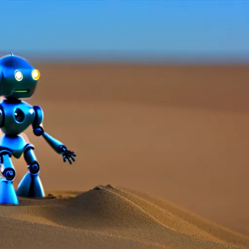 Image similar to a cute little robot out sand. super realistic 8 k render of a elegant, cinematic composition