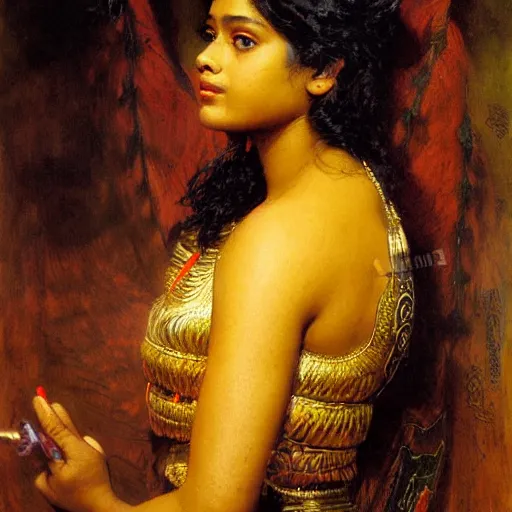 Image similar to detailed potrait 8 0 s srilankan girl bane's face armour, girl graceful,, painting by gaston bussiere, craig mullins, j. c. leyendecker, lights, art by ernst haeckel, john william godward, hammershøi,,