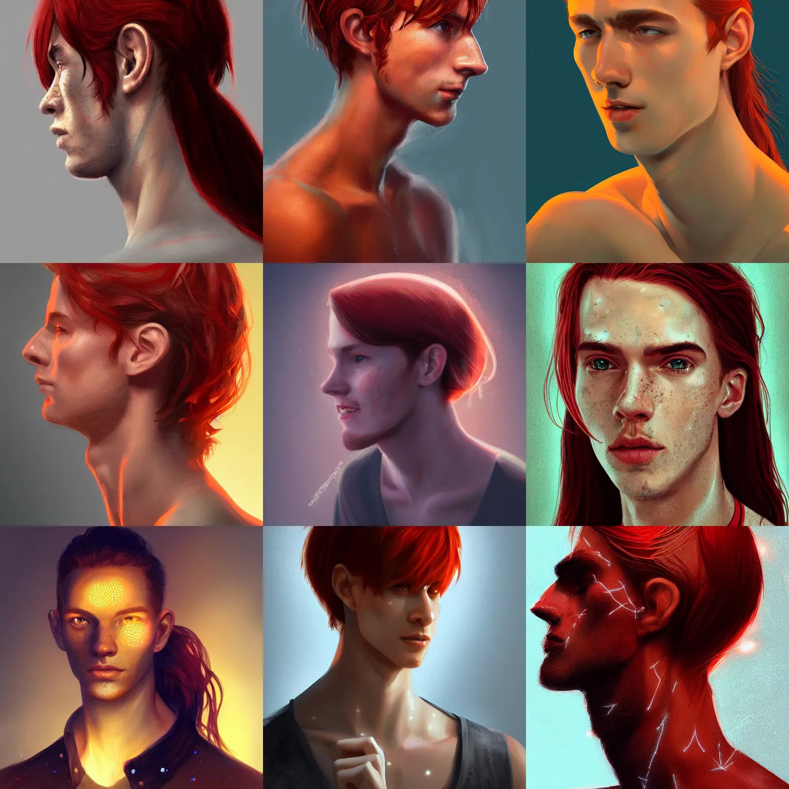 Image similar to portrait of a thin young man with long red hair, ponytail, a lot of freckles on his face, intricate, elegant, glowing lights, highly detailed, digital painting, artstation, concept art, smooth, sharp focus, illustration