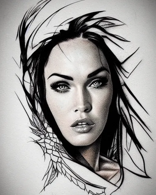 Image similar to tattoo sketch of megan fox face mash up with beautiful mountains, in the style of dan mountford, double exposure, hyper realistic, amazing detail, black and white