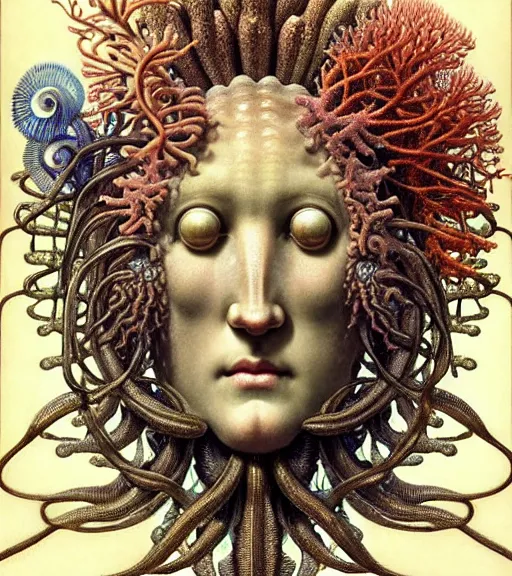 Prompt: hyperrealistic detailed underwater face portrait of the beautiful god of the jellyfish with an intricate headgear of corals, sea kelp, sea plants, fish, starfish, jellyfish, art by ernst haeckel, james jean, john william godward, gothic, neo - gothic, ornamental, beautiful deep colours,