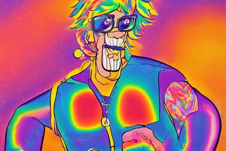 Image similar to lisa frank painting of sinbad at dave & busters 1 9 8 9