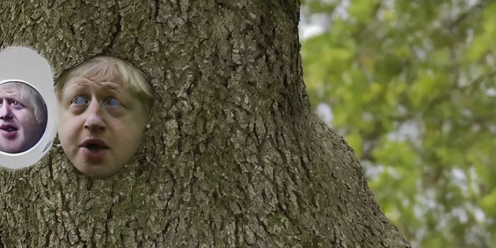 Prompt: extremely derpy looking boris johnson peeking out from behind a tree, trailcam footage