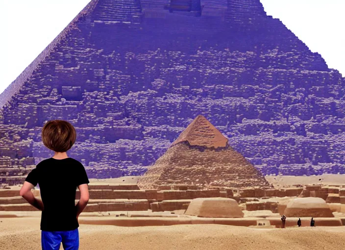 Image similar to landscape, steve jobs and a boy with purple hair in front of the pyramids, hyperrealism, intricate, 8 k, high detail