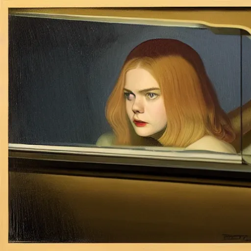 Image similar to Elle Fanning in a slasher film in the world of Edward Hopper, stormy weather, extremely detailed masterpiece, oil on canvas, low-key neon lighting, artstation, Blade Runner 2049, Roger Deakin’s cinematography, by J. C. Leyendecker and Peter Paul Rubens,