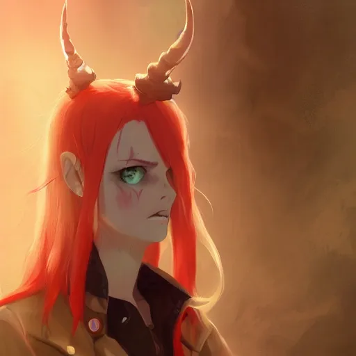 Image similar to a pale redheaded demoness with yellow eyes and horns wearing a jacket, highly detailed, digital painting, artstation, matte, by makoto shinkai, animation style