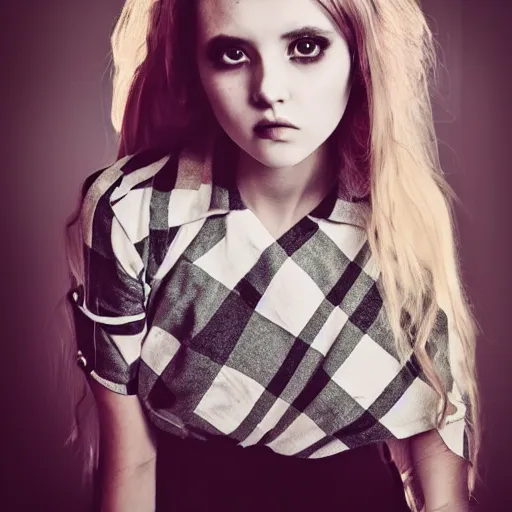 Image similar to female model teenage emo photography plaid skirt band shirt beautiful face, dramatic light darkroom