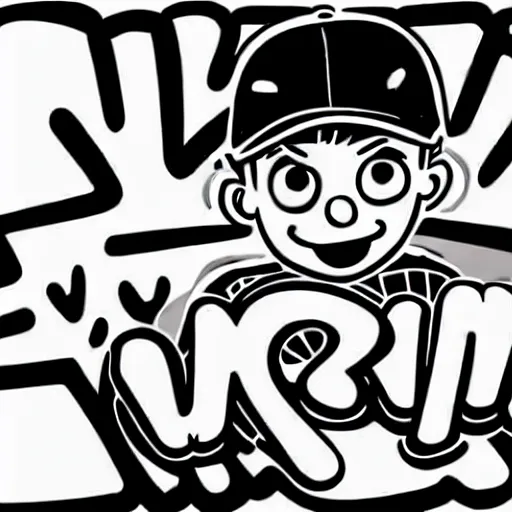 Image similar to cartoon line drawing illustration, in fine detail, of a kid wearing a baseball cap, playing a Korg MS-20 synthesizer, in the style of The Beano, sharpie, black and white, long shot, white background, graffiti marker, graffiti character, 90s cartoon,