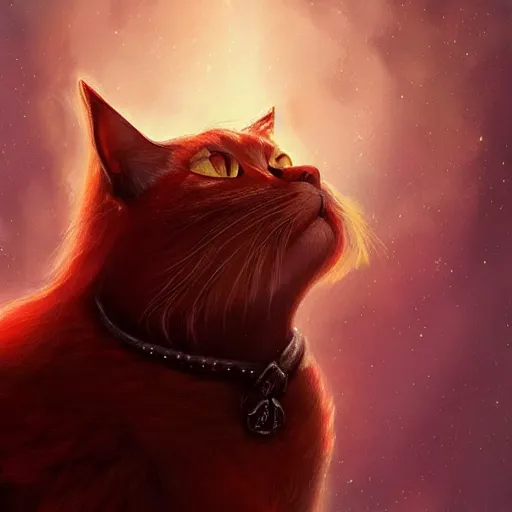 Image similar to portrait of a beautiful red cat celestial background,, fantasy, highly detailed, cinematic lighting, digital art painting by artgem and greg rutkowsk, trending on artstation, very very beautiful, very attractive, high fantasy