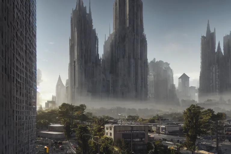 Image similar to streetscape, a towering cathedral of brutalist architecture, buildings covered with greebles, stunning volumetric light, sunset, metal, concrete and translucent material, stunning skies, majestic landscape, trending on Artstation, 8k, photorealistic, hyper detailed, unreal engine 5, IMAX quality, cinematic, epic lighting, in the style of Greg Rutkowski