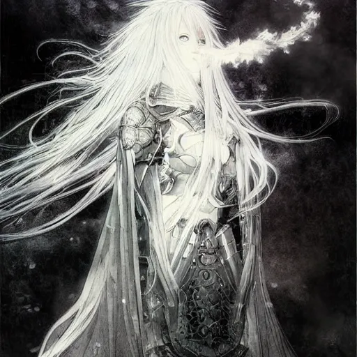 Prompt: yoshitaka amano blurred and dreamy realistic illustration of an anime girl with wavy white hair and cracks on her face wearing elden ring armour with the cape fluttering in the wind, abstract black and white patterns on the background, noisy film grain effect, highly detailed, renaissance oil painting, weird portrait angle