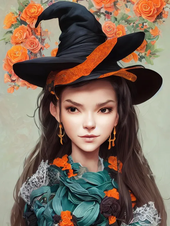 Prompt: Full shot of a cute mischievous young witch about to get up to some trouble with her playful snake familiar. Latin American fashion. Floral patterns. Black and Orange palette. Magic. Latina girl. brown skin. defined facial features, symmetrical facial features. Smiling. By Ruan Jia and Artgerm and Range Murata and WLOP and Ross Tran and William-Adolphe Bouguereau. Key Art. Fantasy Illustration. award winning, Artstation, intricate details, realistic, Hyperdetailed, 8k resolution.