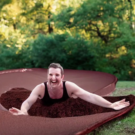 Prompt: adult sliding down chocolate pudding slip n slide legs first, professional photo taken at the park