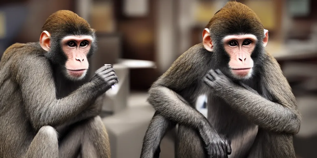 Image similar to monkey working at a bank, monkey clerk, monkey wearing nice hat, cinematic, realistic, high detail