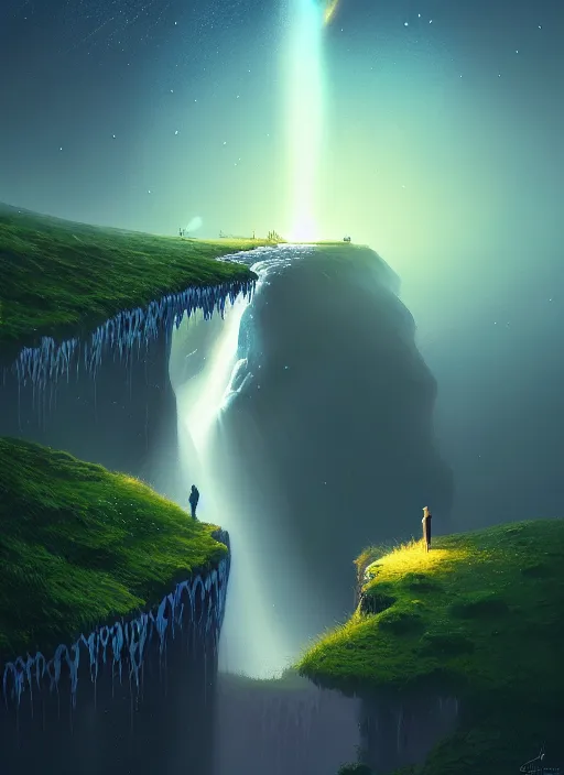 Image similar to Gediminas Pranckevicius a long capture photo of a magical waterfall, high cliff, night, stars in the sky cinematic lighting, insanely detailed, intricate, artstation, cgsociety, painted by Simon Stalenhag, concept art, illustration, sharp focus,