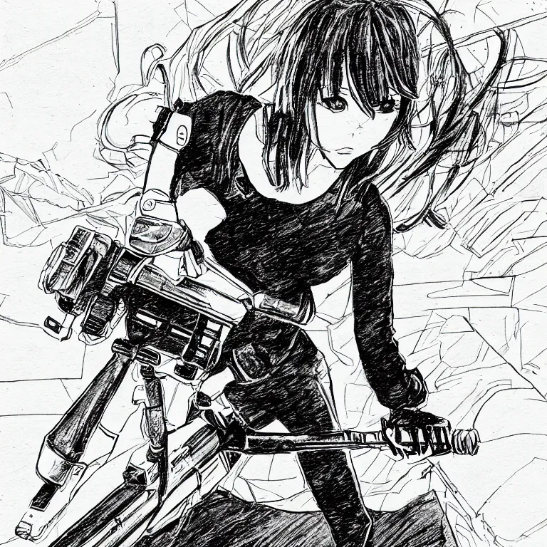 Prompt: manga sketch of a girl wielding a rotary buzzsaw