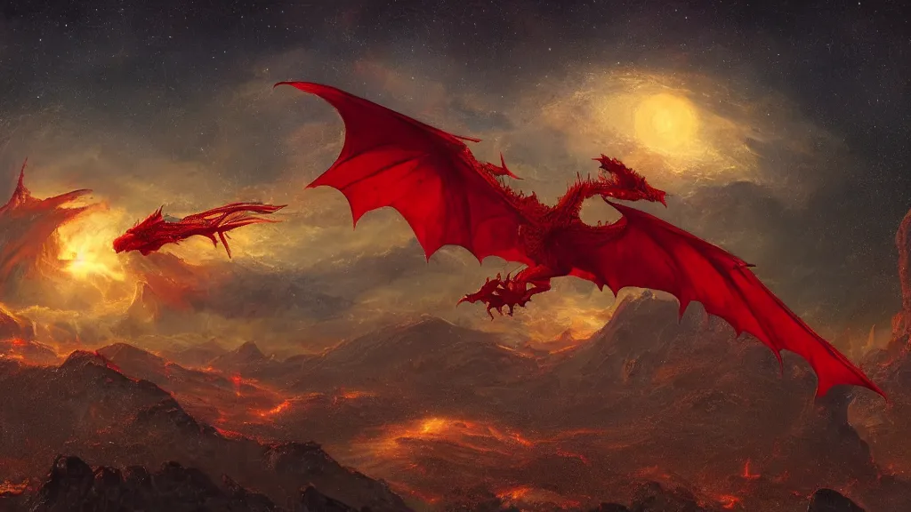 Prompt: a red dragon at night in a clear star filled sky by thomas cole, behance, 8k featured in artstation, cinematic matte painting, volumentric lighting