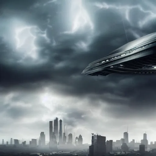 Image similar to a spaceship flying down into an alien city, dark clouds obscuring tall buildings, dark and ominous