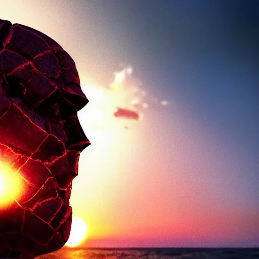 Image similar to a closeup photorealistic photograph of a shadow face staring at a beatiful sunset on the beach, fantastic four theme. bright scene. fine detail. this 4 k hd image is trending on artstation, featured on behance, well - rendered, extra crisp, features intricate detail, epic composition and the style of unreal engine.