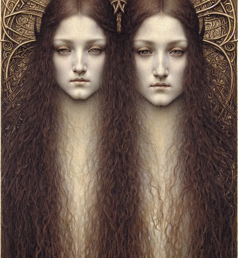 Image similar to detailed realistic beautiful young medieval queen face portrait by jean delville, gustave dore and marco mazzoni, art nouveau, symbolist, visionary, gothic, pre - raphaelite. horizontal symmetry