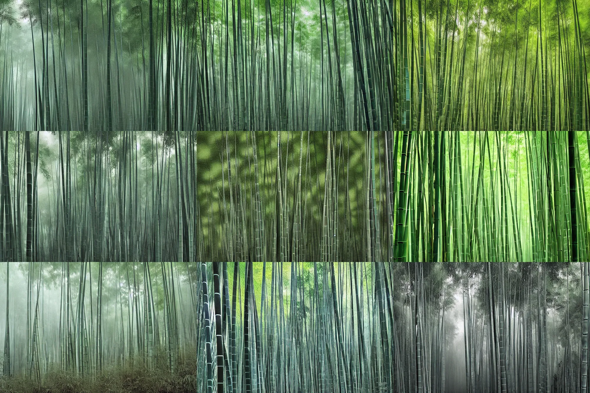 Prompt: bamboo forest, lot of exotic vegetation, trees, flowers, dull colors, in the foggy huge forest, by junji ito, hyperrealism, intricate detailed