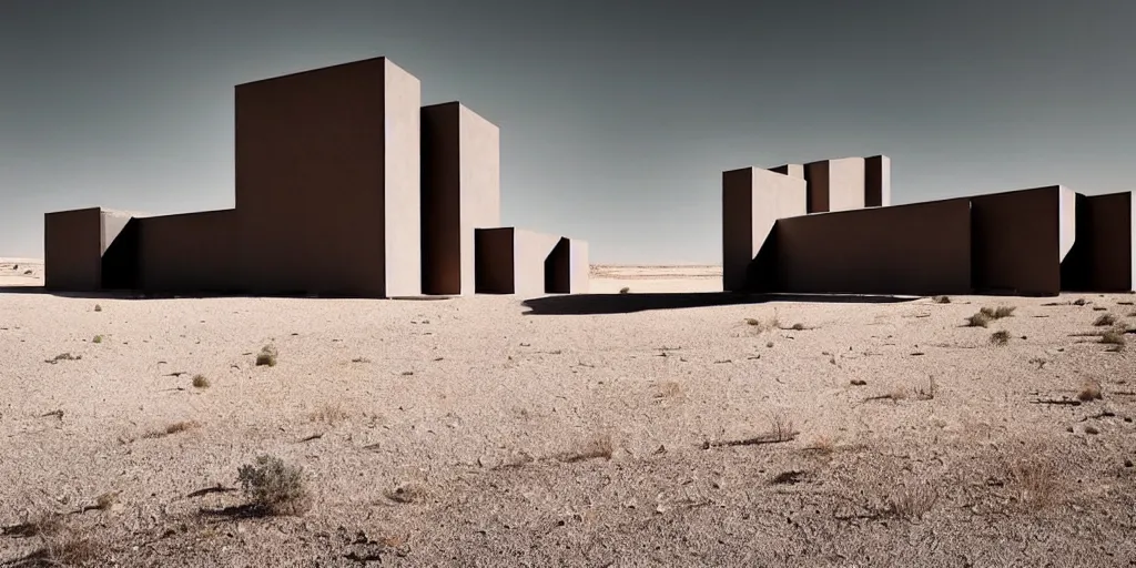 Image similar to a brutalist building in a stunning desert landscape inspired by altor aalto, architecture, bauhaus, pop surrealism, surrealism,