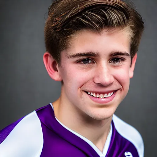 Image similar to photographic portrait by Annie Leibovitz of a young white male smiling with short brown hair that sticks up in the front, dark eyes, groomed eyebrows, tapered hairline, sharp jawline, wearing a purple white volleyball jersey, sigma 85mm f/1.4, 15mm, 35mm, 4k, high resolution, 4k, 8k, hd, full color