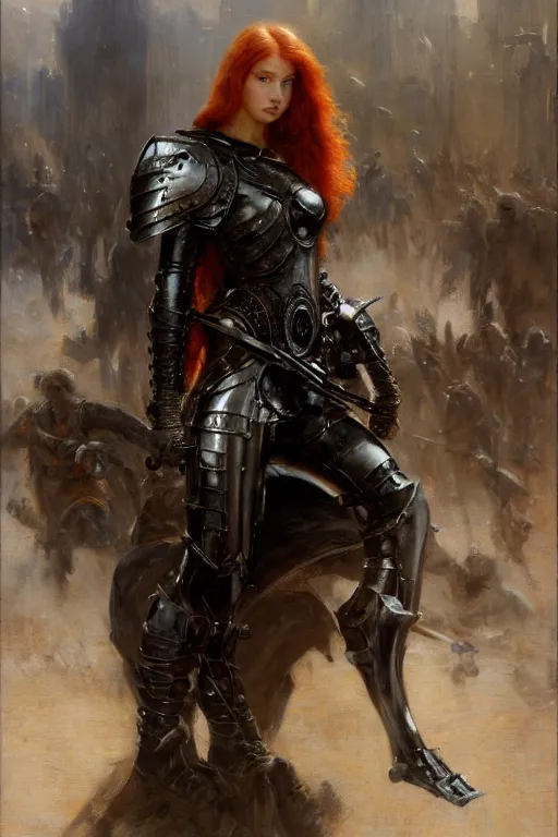 Image similar to muscular redhead young woman wearing black medieval armour, detailed, by gaston bussiere, bayard wu, greg rutkowski, giger, maxim verehin, greg rutkowski, masterpiece, sharp focus, cinematic lightning