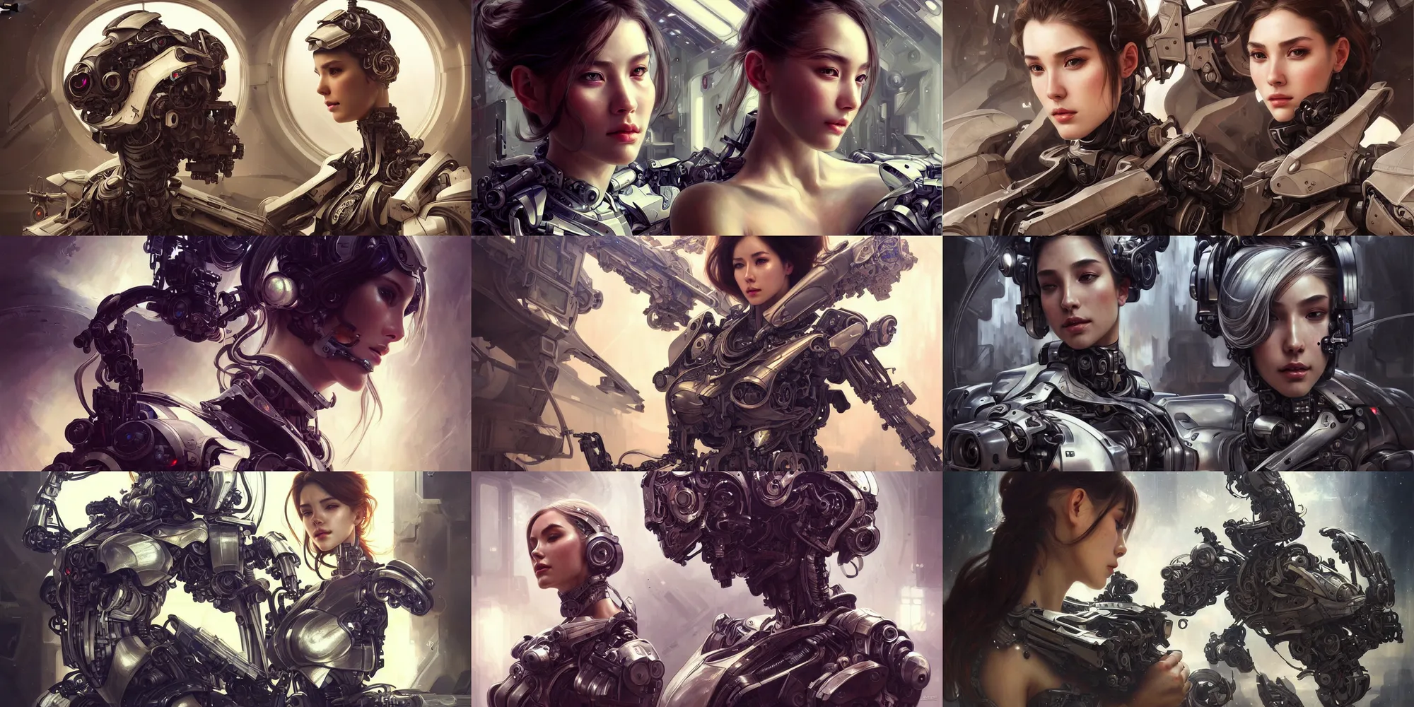 Prompt: ultra realistic beautiful alluring tactical cyborg team techno art, gorgeous face and figure, dramatic poses, inside destroyed space station, sci - fi, fantasy, intricate, elegant, highly detailed, digital painting, artstation, concept art, smooth, sharp focus, illustration, beautiful light and shadows, art by artgerm and tian zi and alphonse mucha