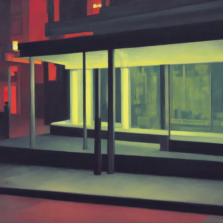 Prompt: dark city bus stop, painted by Edward Hopper and James Gilleard, oil painting