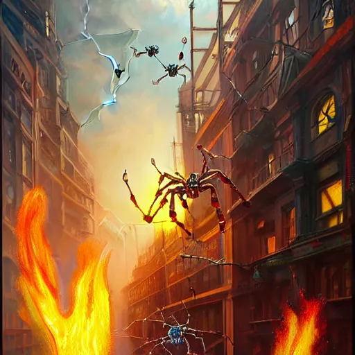 Image similar to beautiful oil painting with high detail of a mechanical spider attacking city and art direction by James Cameron ;by artgerm; wayne reynolds art station; cinematic quality character action render; ultra high quality model; production quality cinema model; flaming plasma aesthetic