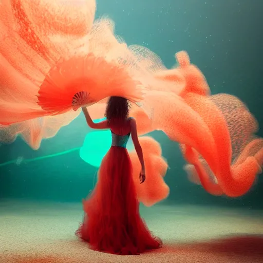Prompt: woman dancing underwater wearing a long flowing dress made of red, yellow, and green wire, delicate coral sea bottom, swirling silver fish, swirling smoke shapes, octane render, caustics lighting from above, cinematic, hyperdetailed
