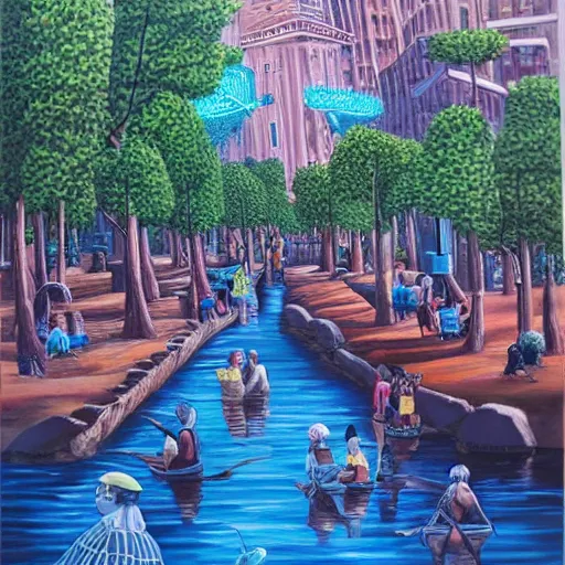 Image similar to people enjoying a beautiful city of the future in harmony with nature. Beautiful detailed painting by Lurid. (2022)