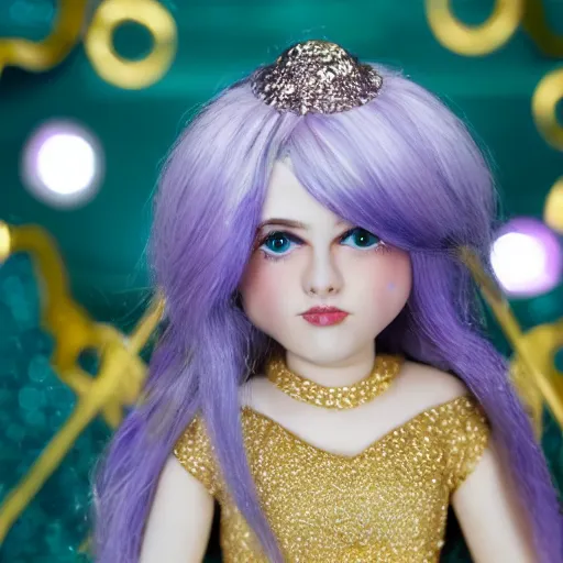Image similar to Conchur Mac Greagoir with silver-violet hair, white eyes and golden glittery dress, wide lens, diorama, 4k,