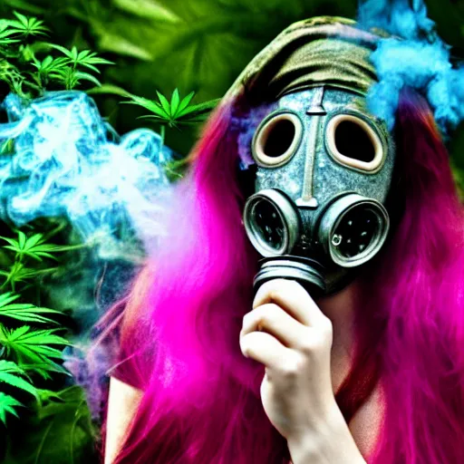 Image similar to Gas mask, Marijuana, marijuana leaves, smoke, long pink hair