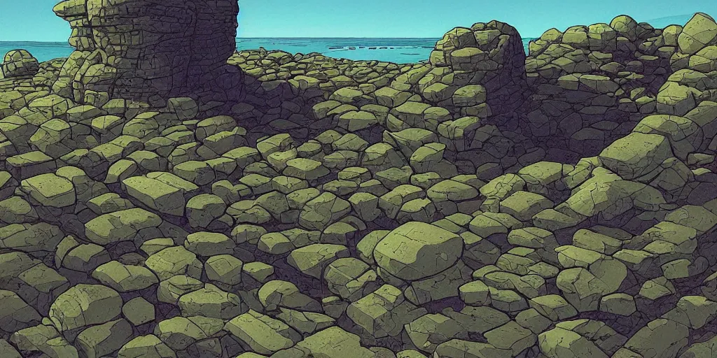 Image similar to isometric science fiction art of a rocky landscape. isometric perspective. science fiction art. alien world. moebius